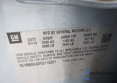 2015 Chevrolet Volt z USA, uszkodzony, nr VIN 1G1RB6E42FU110221